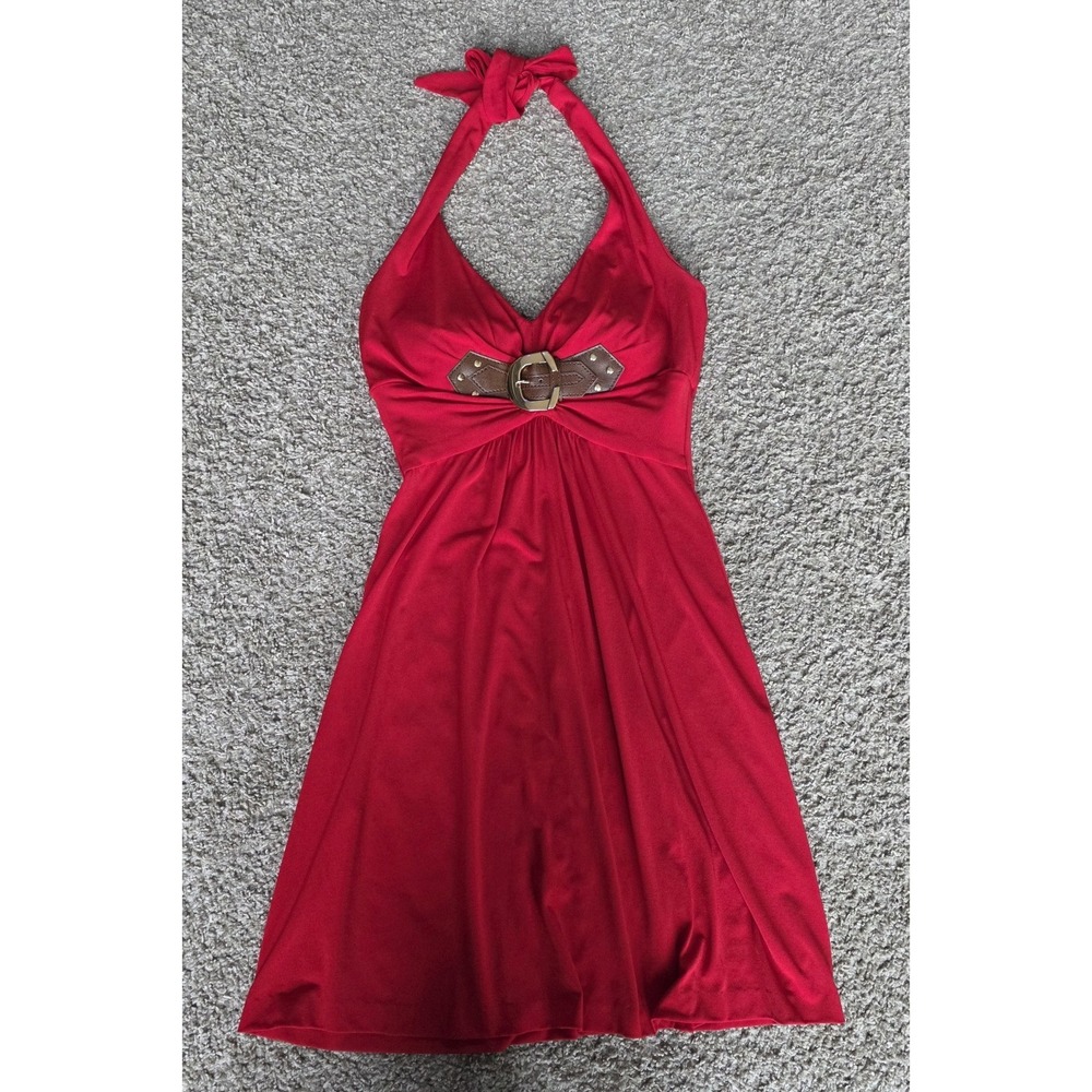 Vintage Y2K Women's Small Red Cache Halter Dress With Belt Buckle Detail